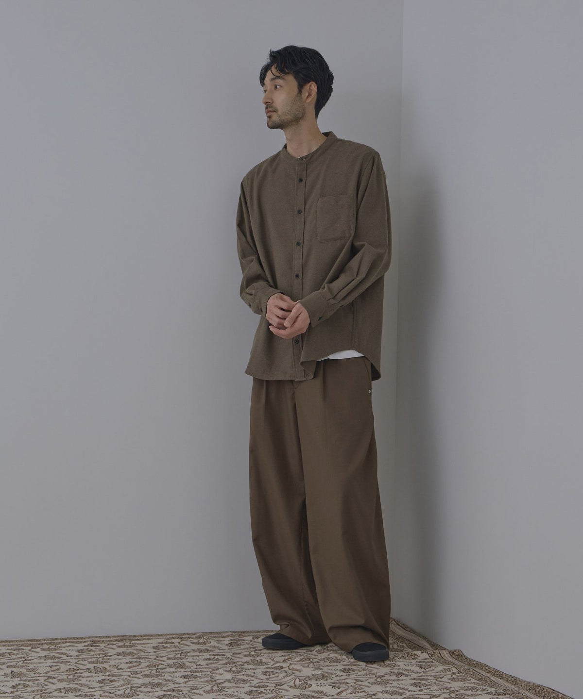 NAVY ソフトフランネルバンドカラーシャツ 無地 メンズ
