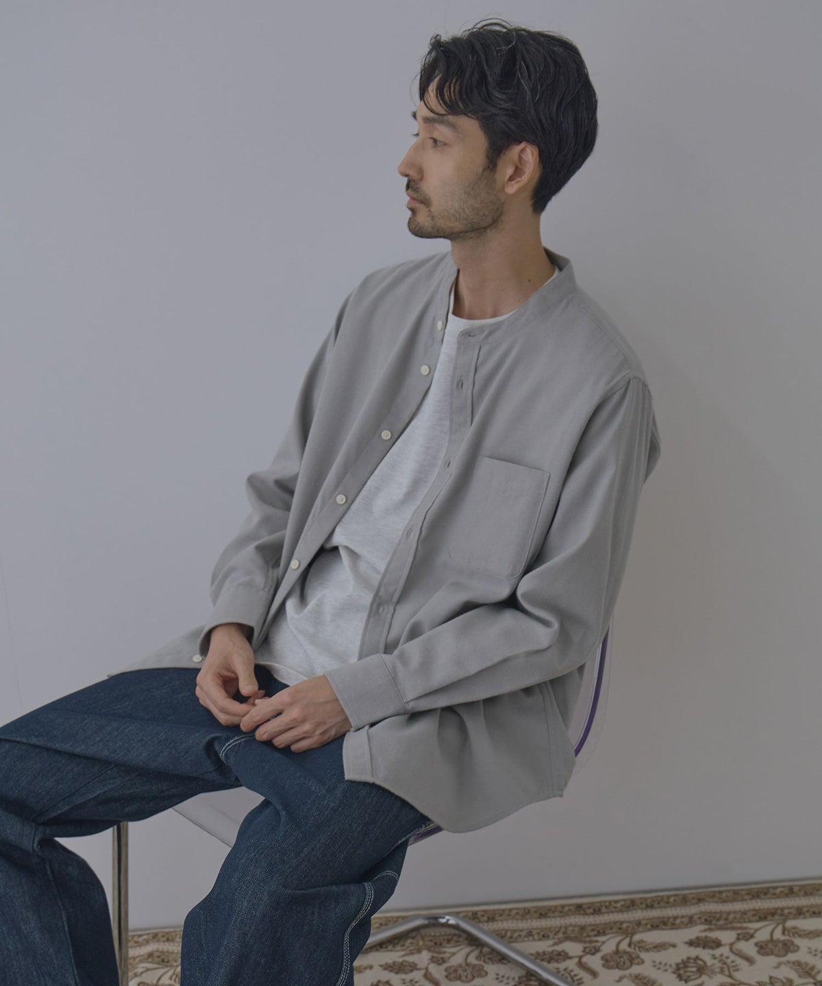 NAVY ソフトフランネルバンドカラーシャツ 無地 メンズ