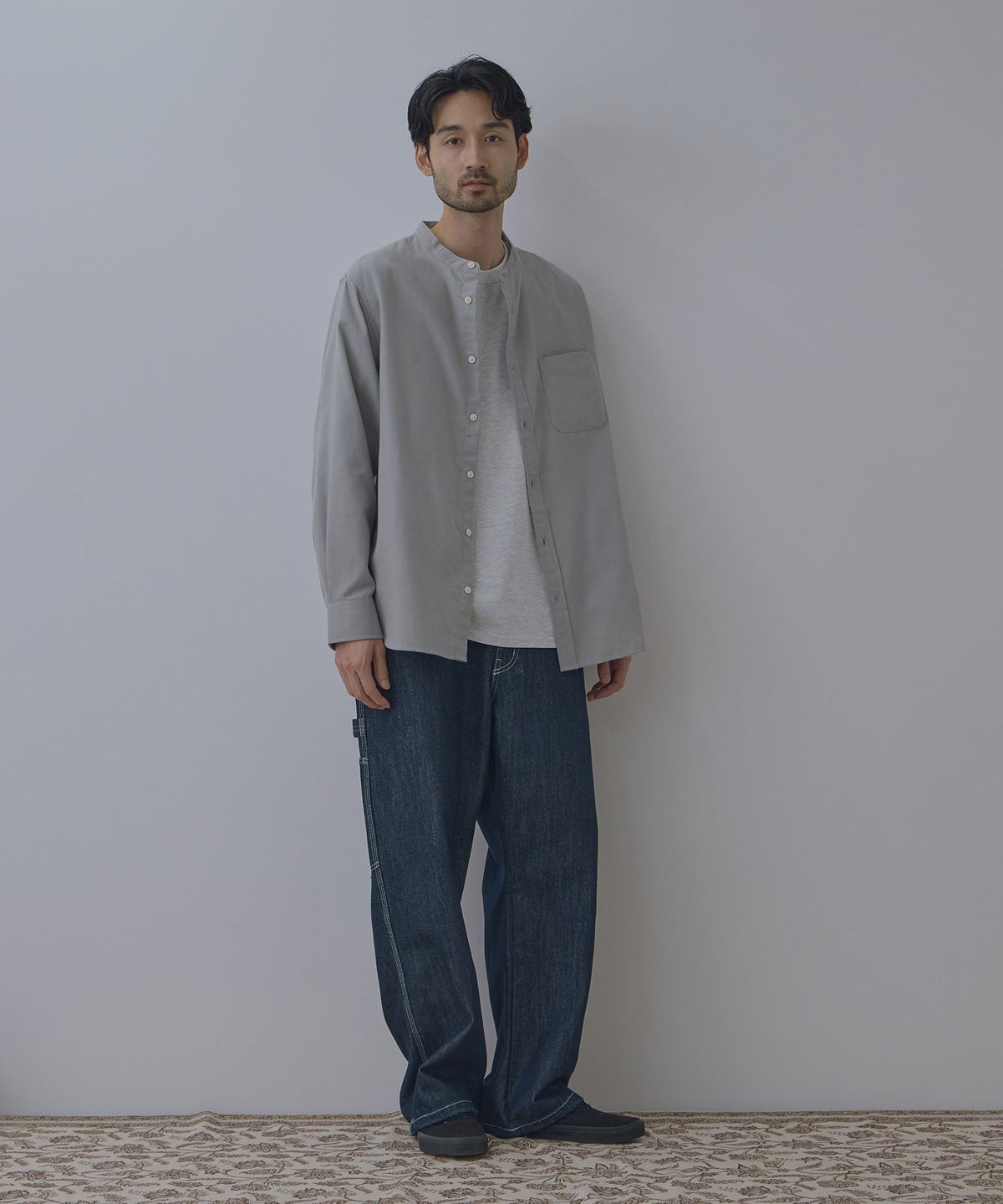 NAVY ソフトフランネルバンドカラーシャツ 無地 メンズ