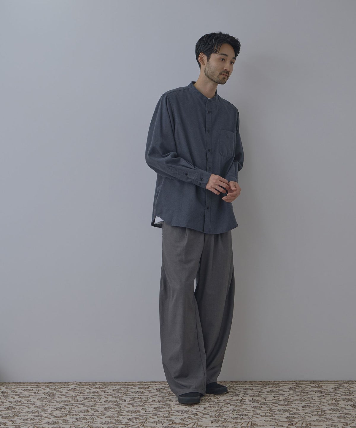 NAVY ソフトフランネルバンドカラーシャツ 無地 メンズ
