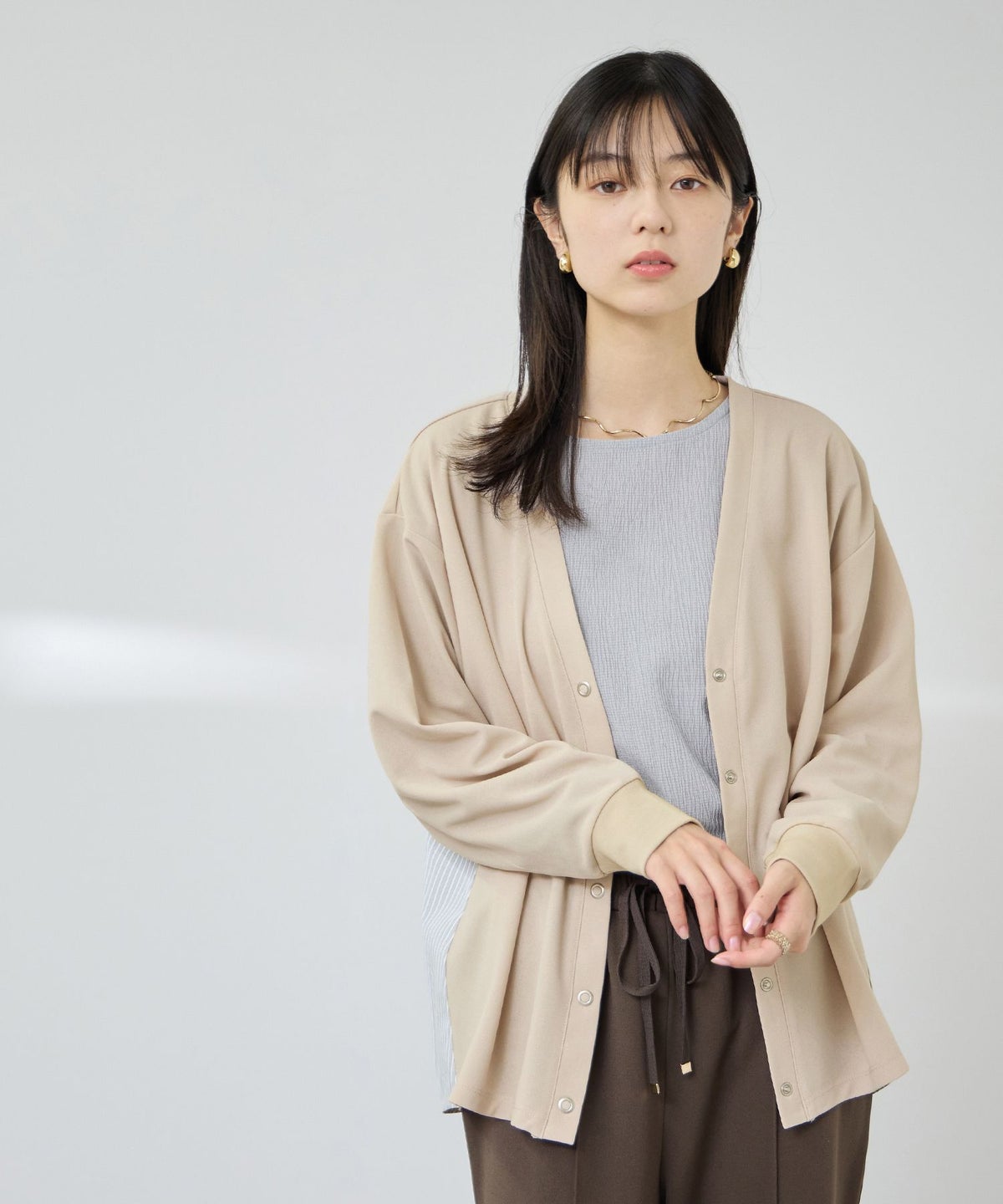 Free Nature バックシャツ切替ドッキングVネックカーディガン レディース