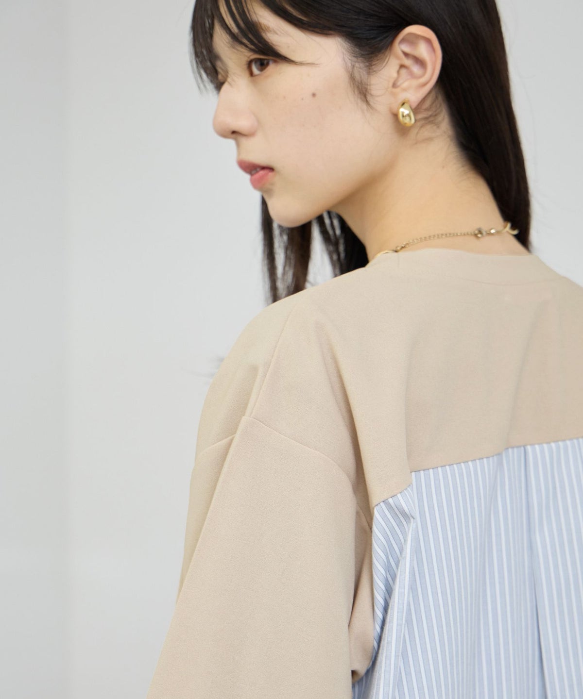 Free Nature バックシャツ切替ドッキングVネックカーディガン レディース