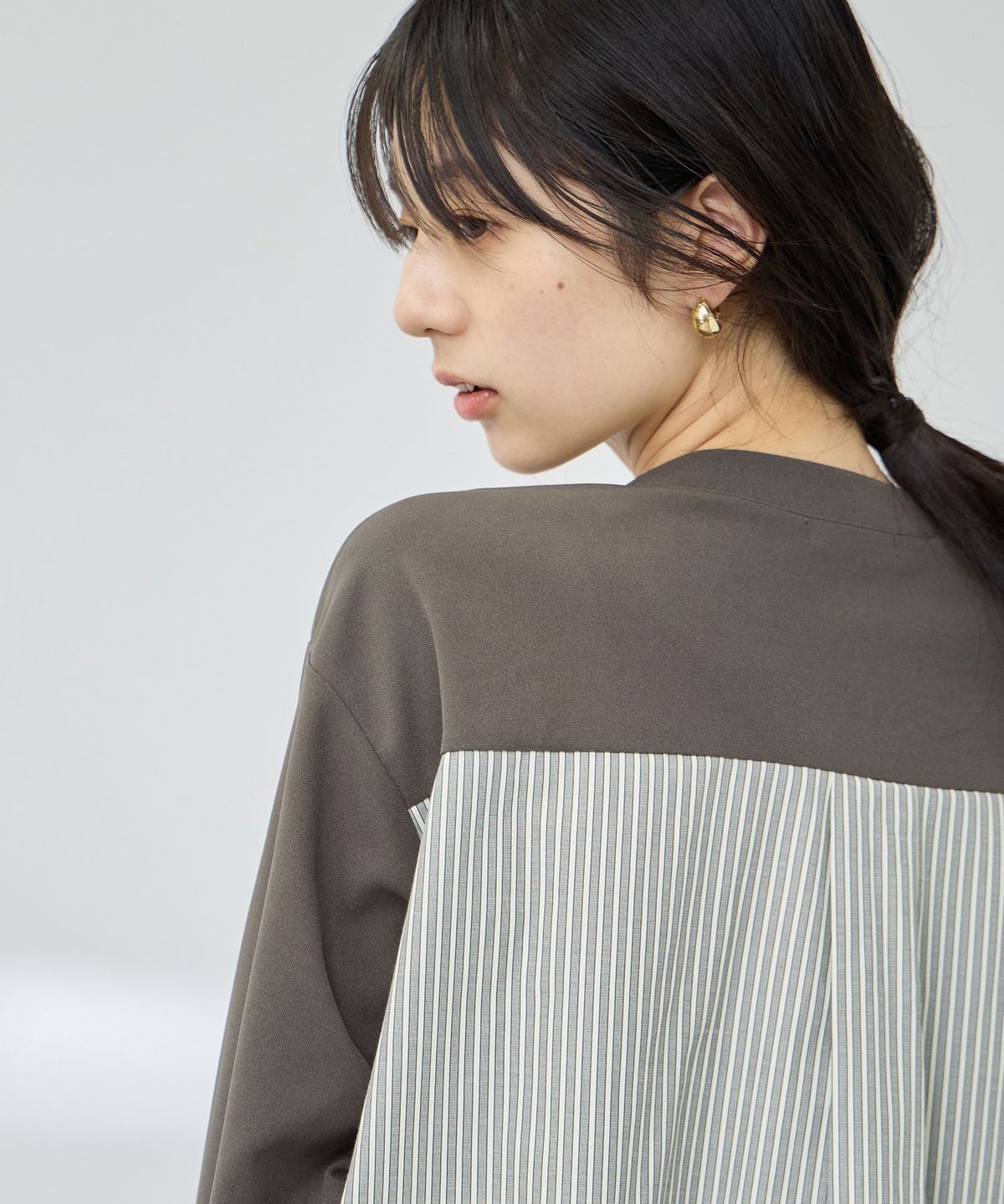 Free Nature バックシャツ切替ドッキングVネックカーディガン レディース