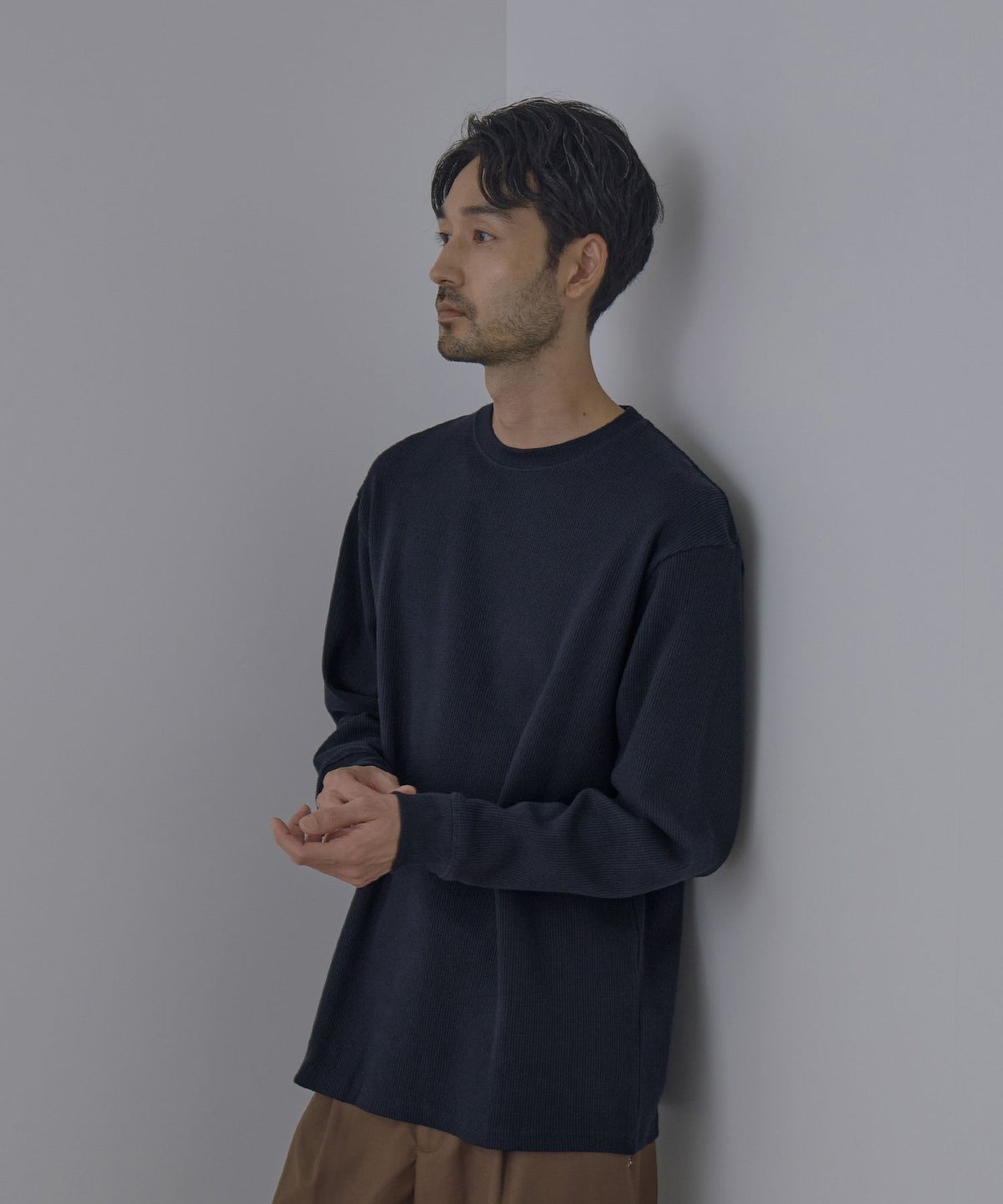 NAVY BCIコットン リラックスフィット ワッフル長袖Tシャツ メンズ