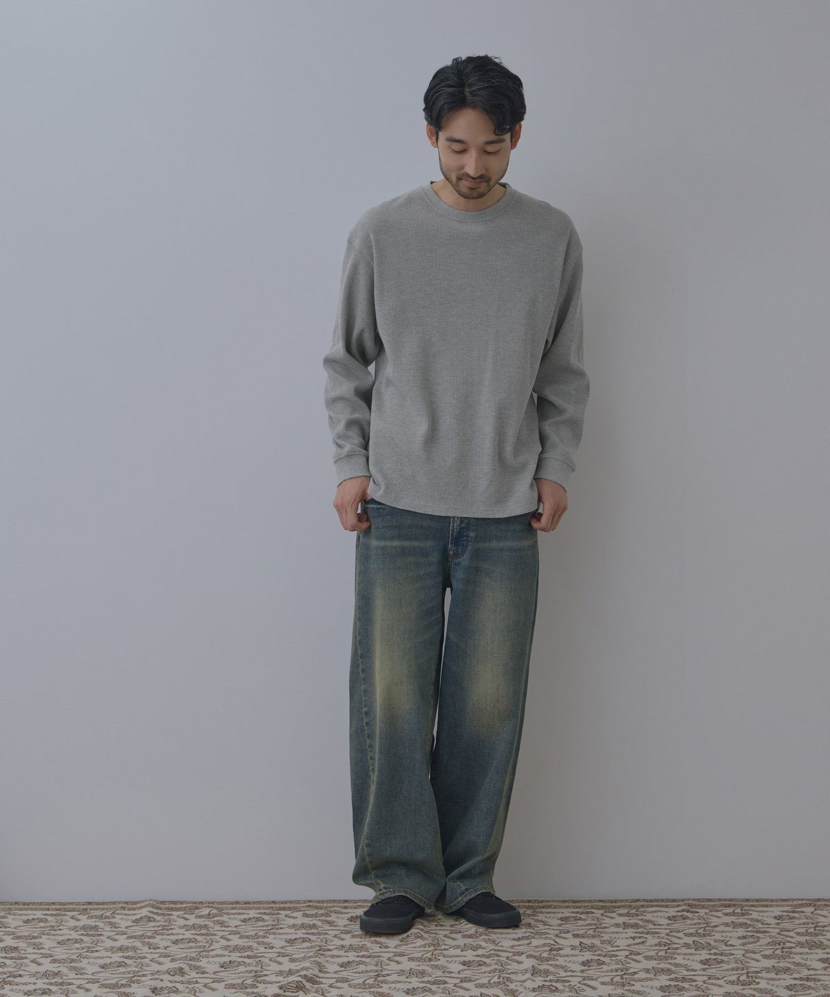 NAVY BCIコットン リラックスフィット ワッフル長袖Tシャツ メンズ