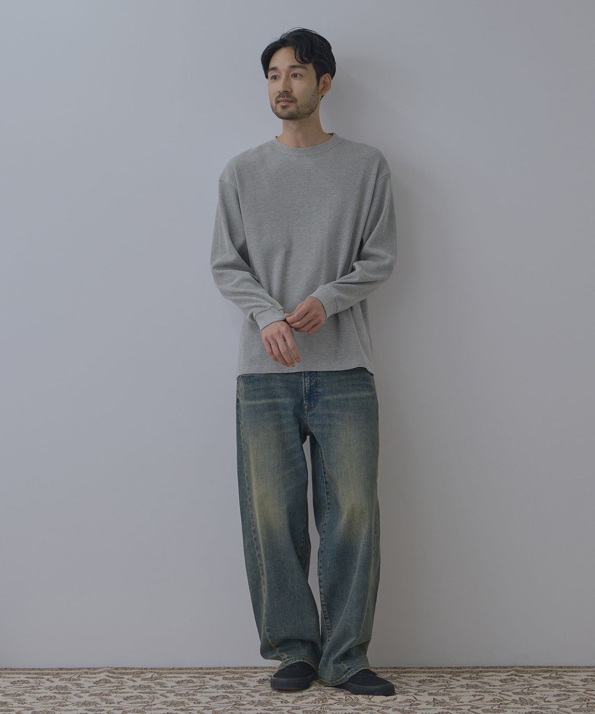 NAVY BCIコットン リラックスフィット ワッフル長袖Tシャツ メンズ
