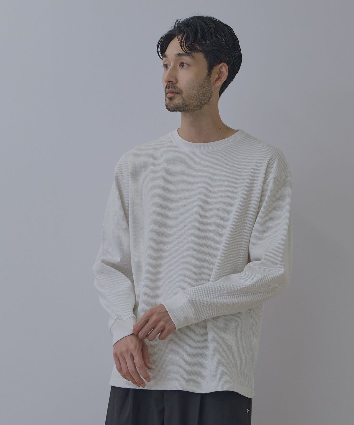 NAVY BCIコットン リラックスフィット ワッフル長袖Tシャツ メンズ