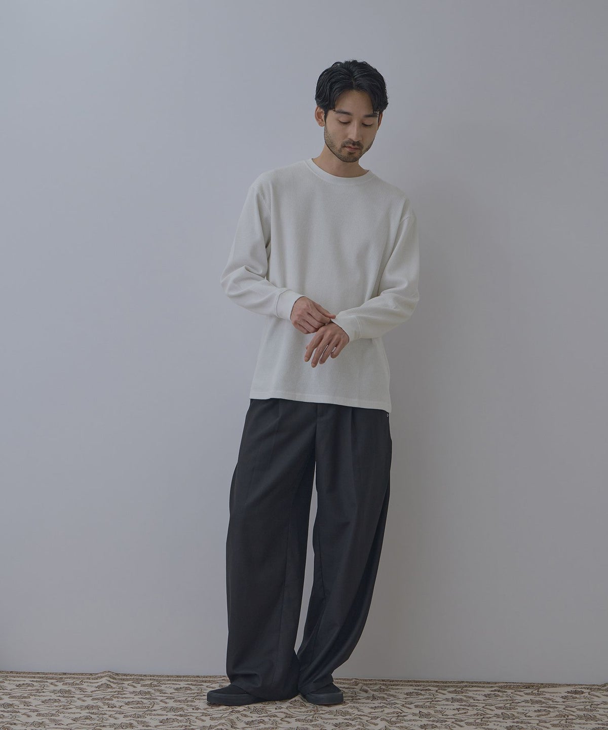 NAVY BCIコットン リラックスフィット ワッフル長袖Tシャツ メンズ