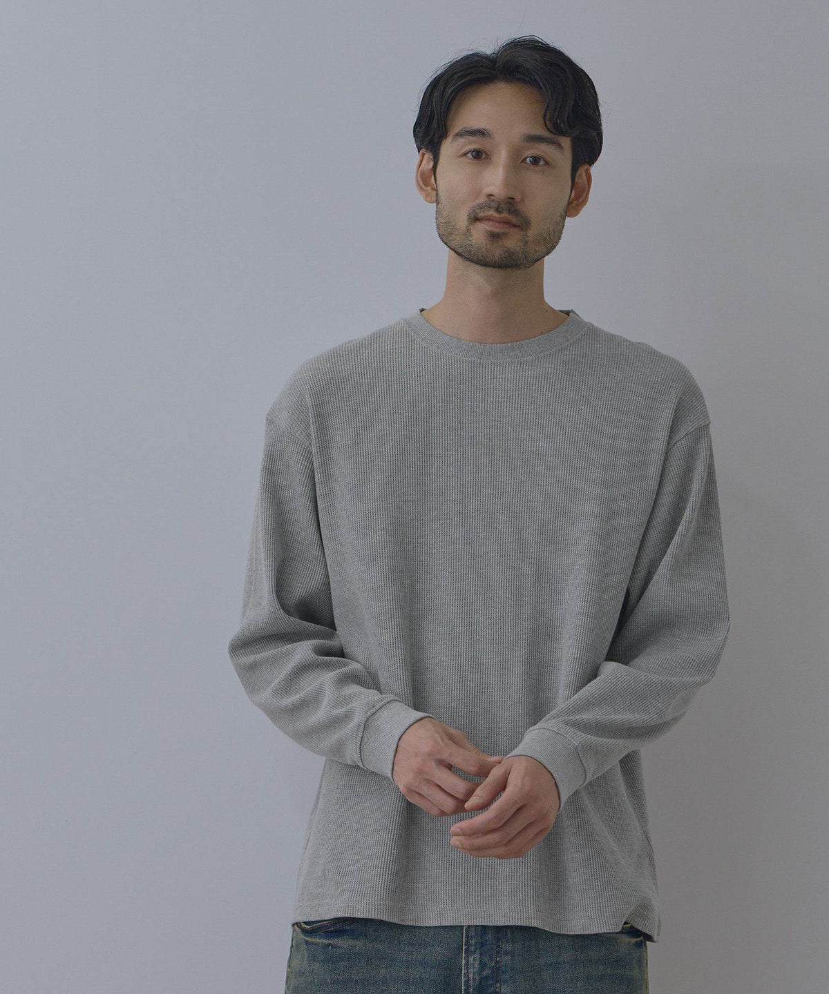 NAVY BCIコットン リラックスフィット ワッフル長袖Tシャツ メンズ