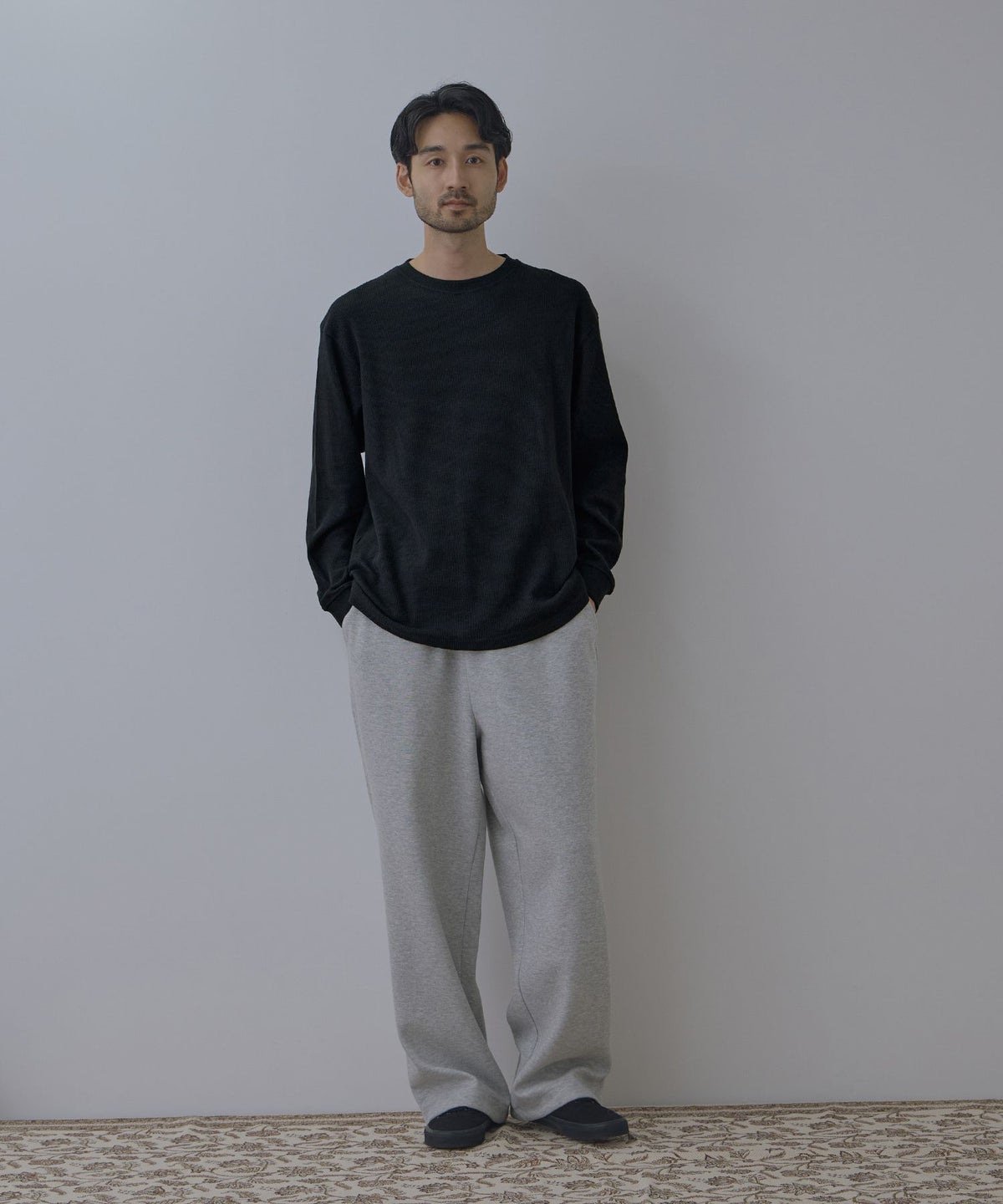 NAVY BCIコットン リラックスフィット ワッフル長袖Tシャツ メンズ
