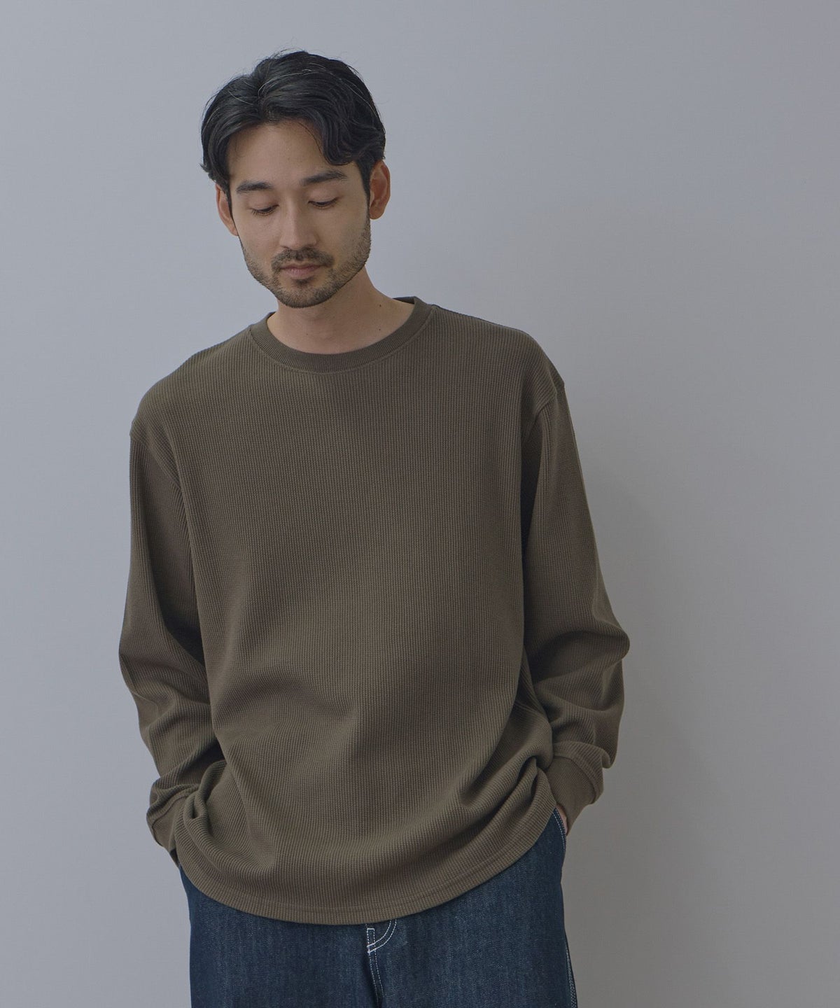NAVY BCIコットン リラックスフィット ワッフル長袖Tシャツ メンズ