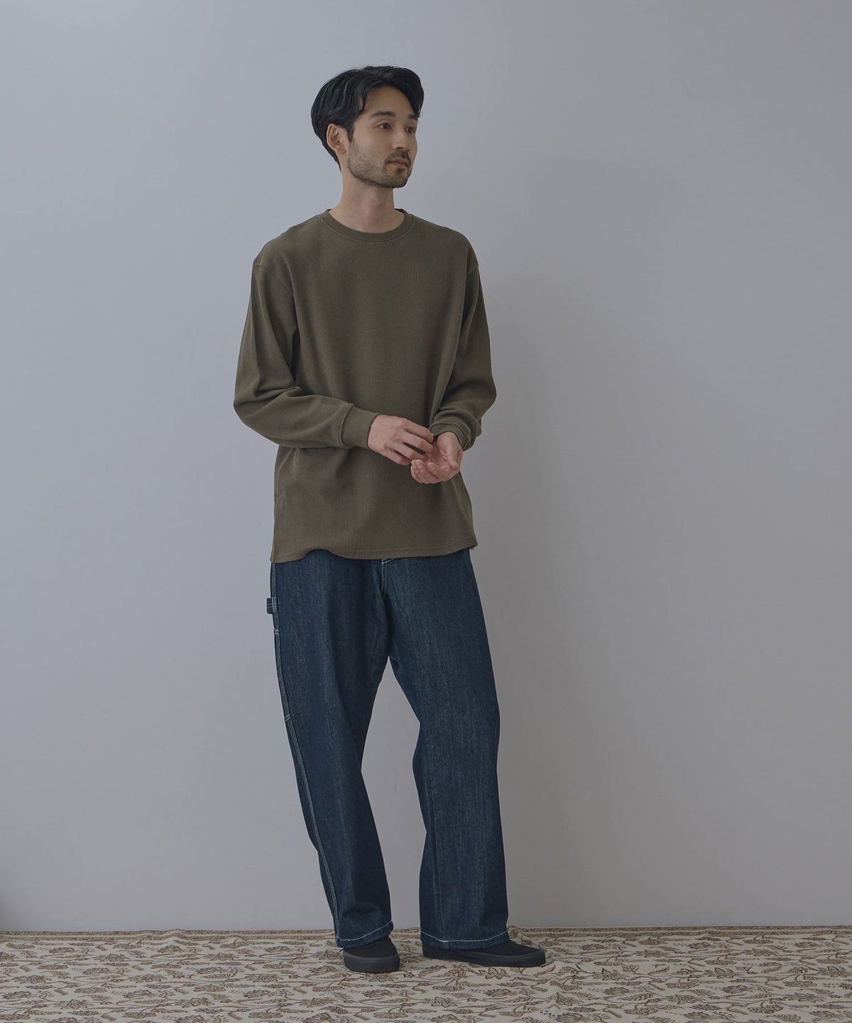 NAVY BCIコットン リラックスフィット ワッフル長袖Tシャツ メンズ