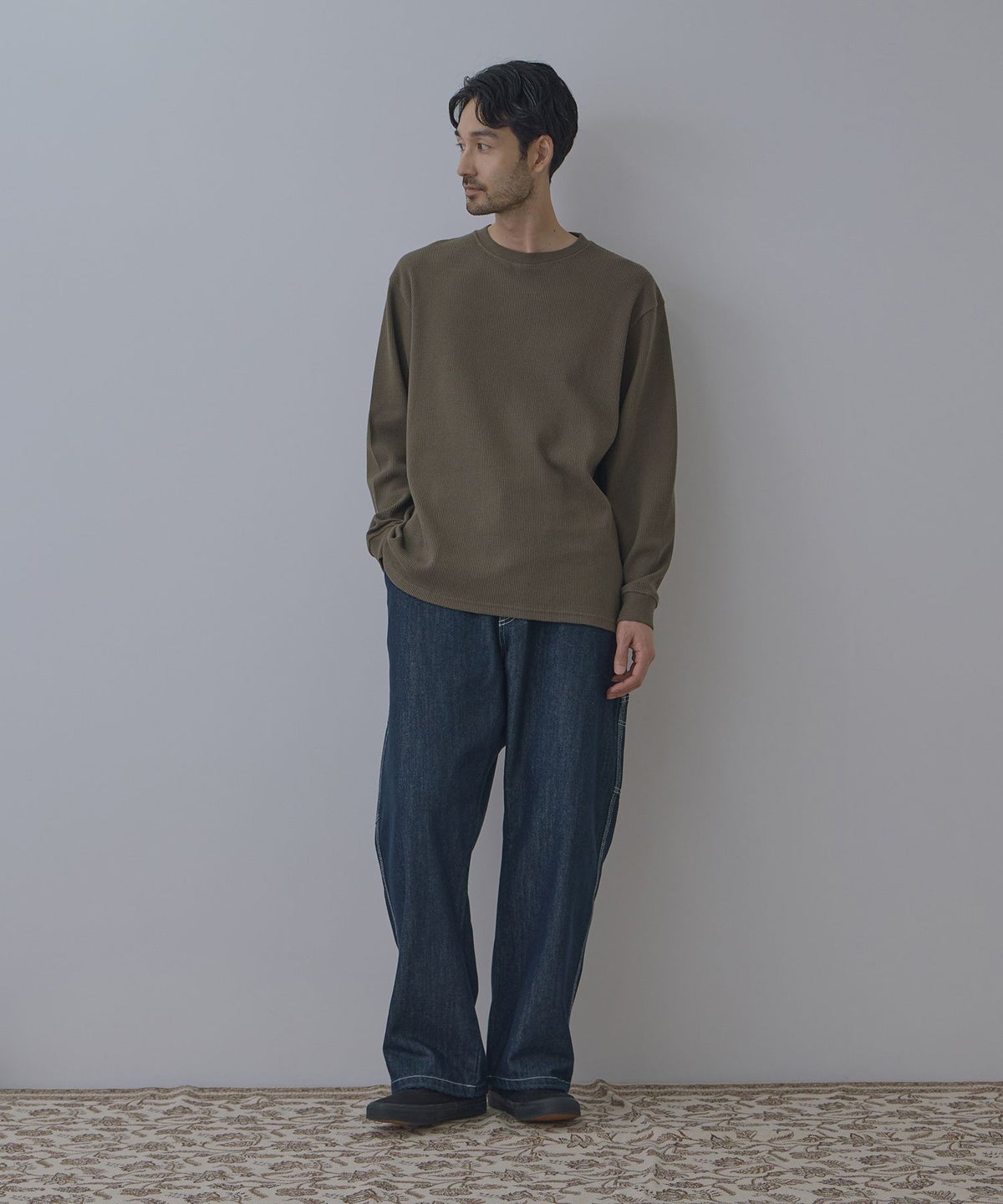 NAVY BCIコットン リラックスフィット ワッフル長袖Tシャツ メンズ