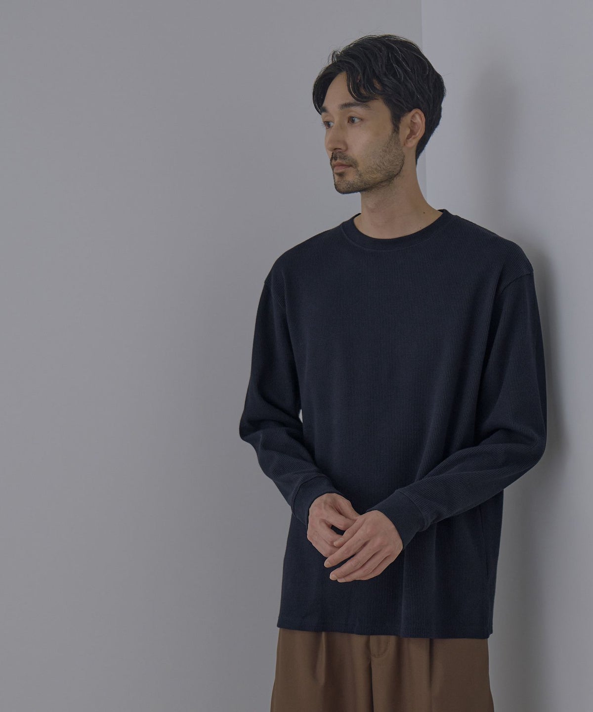 NAVY BCIコットン リラックスフィット ワッフル長袖Tシャツ メンズ
