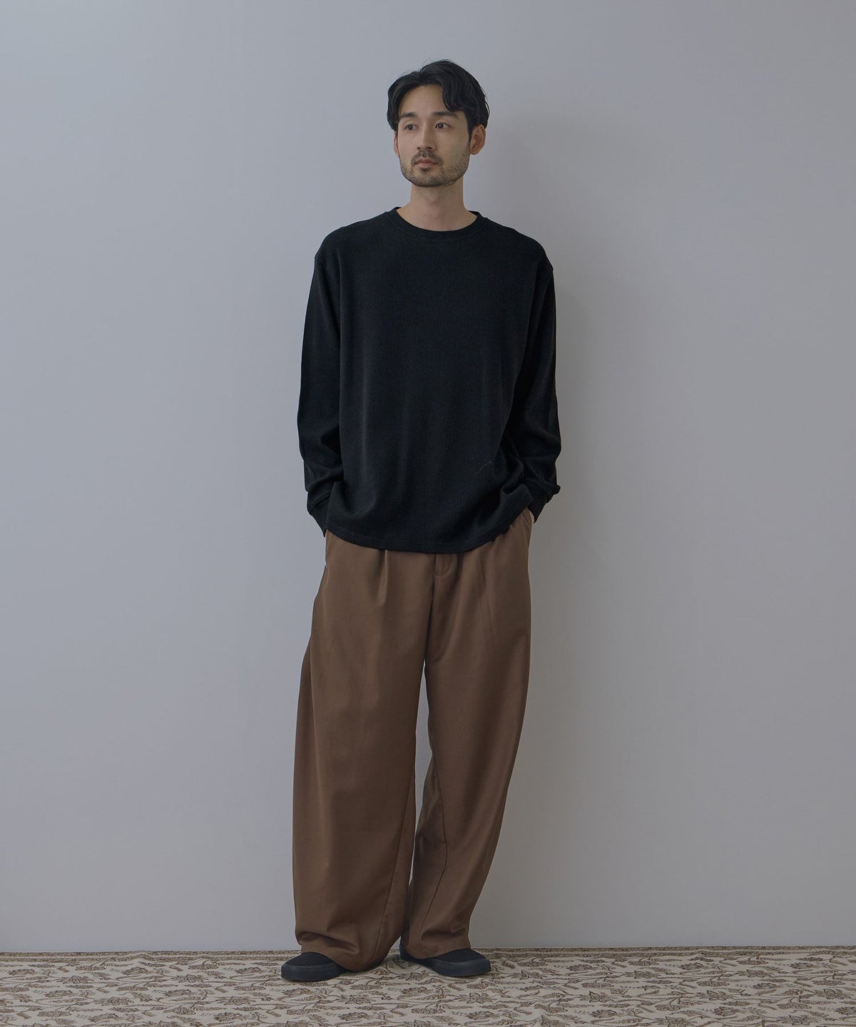 NAVY BCIコットン リラックスフィット ワッフル長袖Tシャツ メンズ