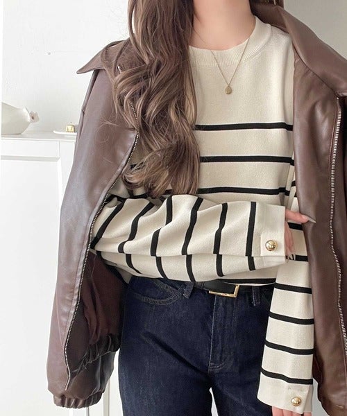Classical Elf ゆったりなのに上品でキチンと見え。ミラノリブ袖先ゴールドボタンプルオーバー商品画像-17