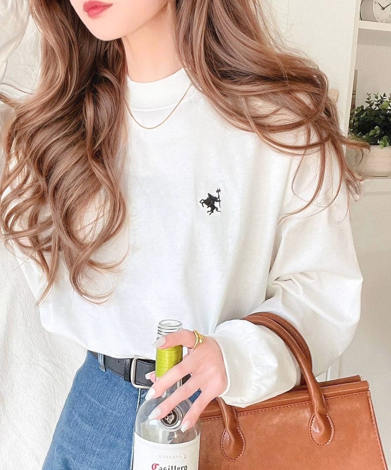 Classical Elf 大人リラックススタイル。ワンポイント刺繍モックネック長袖Tシャツ(無地・ボーダー) 商品画像-5