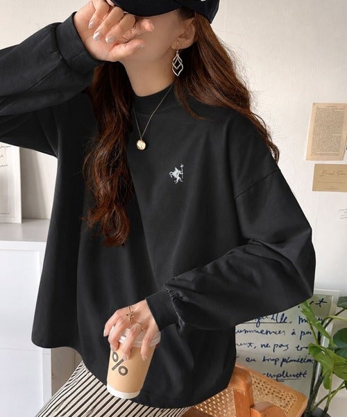 Classical Elf 大人リラックススタイル。ワンポイント刺繍モックネック長袖Tシャツ(無地・ボーダー) 商品画像-11