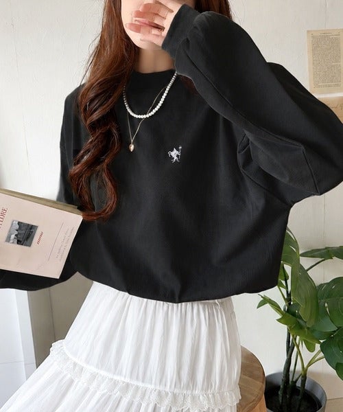 Classical Elf 大人リラックススタイル。ワンポイント刺繍モックネック長袖Tシャツ(無地・ボーダー) 商品画像-12