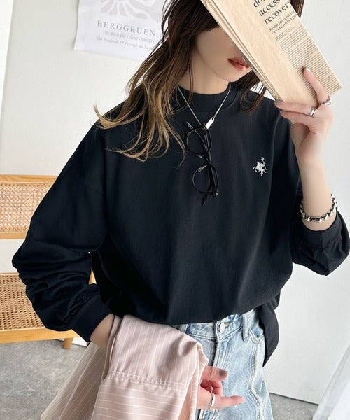 Classical Elf 大人リラックススタイル。ワンポイント刺繍モックネック長袖Tシャツ（無地・ボーダー） 商品画像-16