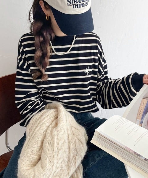 Classical Elf 大人リラックススタイル。ワンポイント刺繍モックネック長袖Tシャツ(無地・ボーダー) 商品画像-25