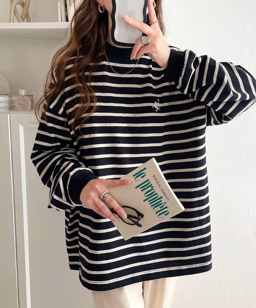 Classical Elf 大人リラックススタイル。ワンポイント刺繍モックネック長袖Tシャツ(無地・ボーダー) 商品画像-28