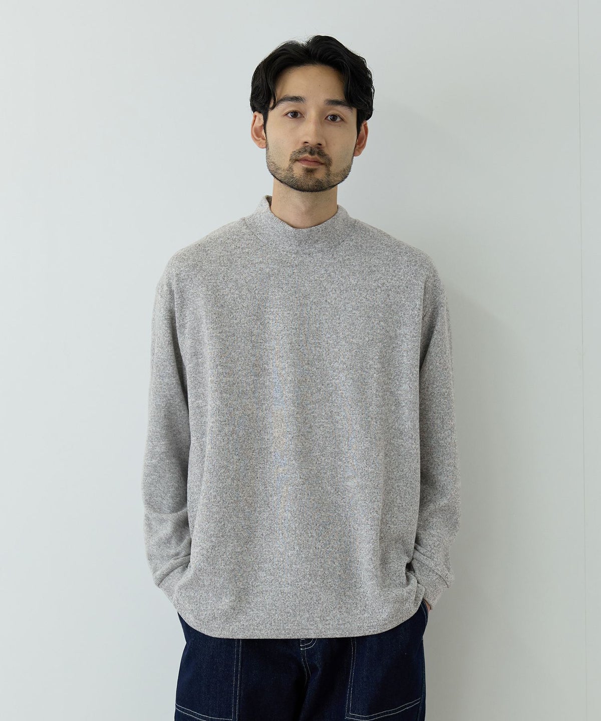 NAVY MAC HEAT あったか滑らかニットフリースTシャツ 長袖モックネック メンズ
