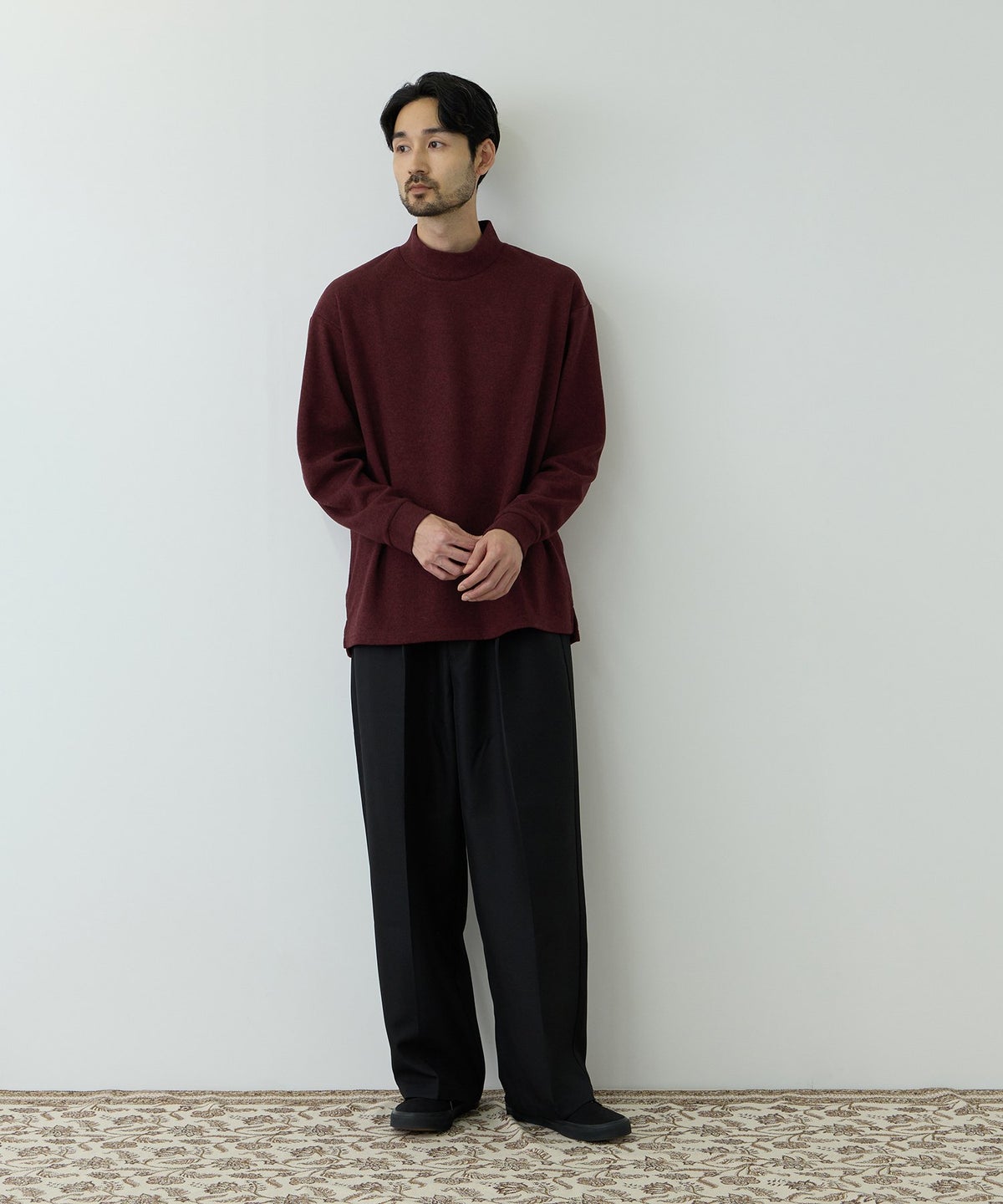 NAVY MAC HEAT あったか滑らかニットフリースTシャツ 長袖モックネック メンズ
