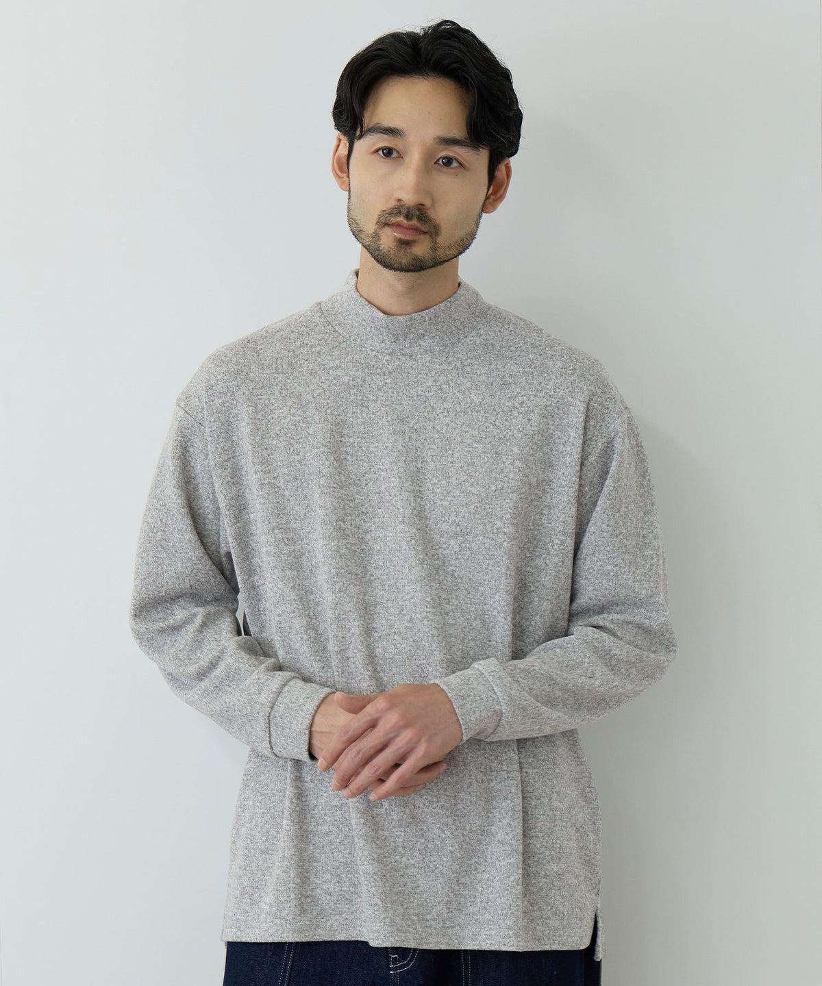 NAVY MAC HEAT あったか滑らかニットフリースTシャツ 長袖モックネック メンズ