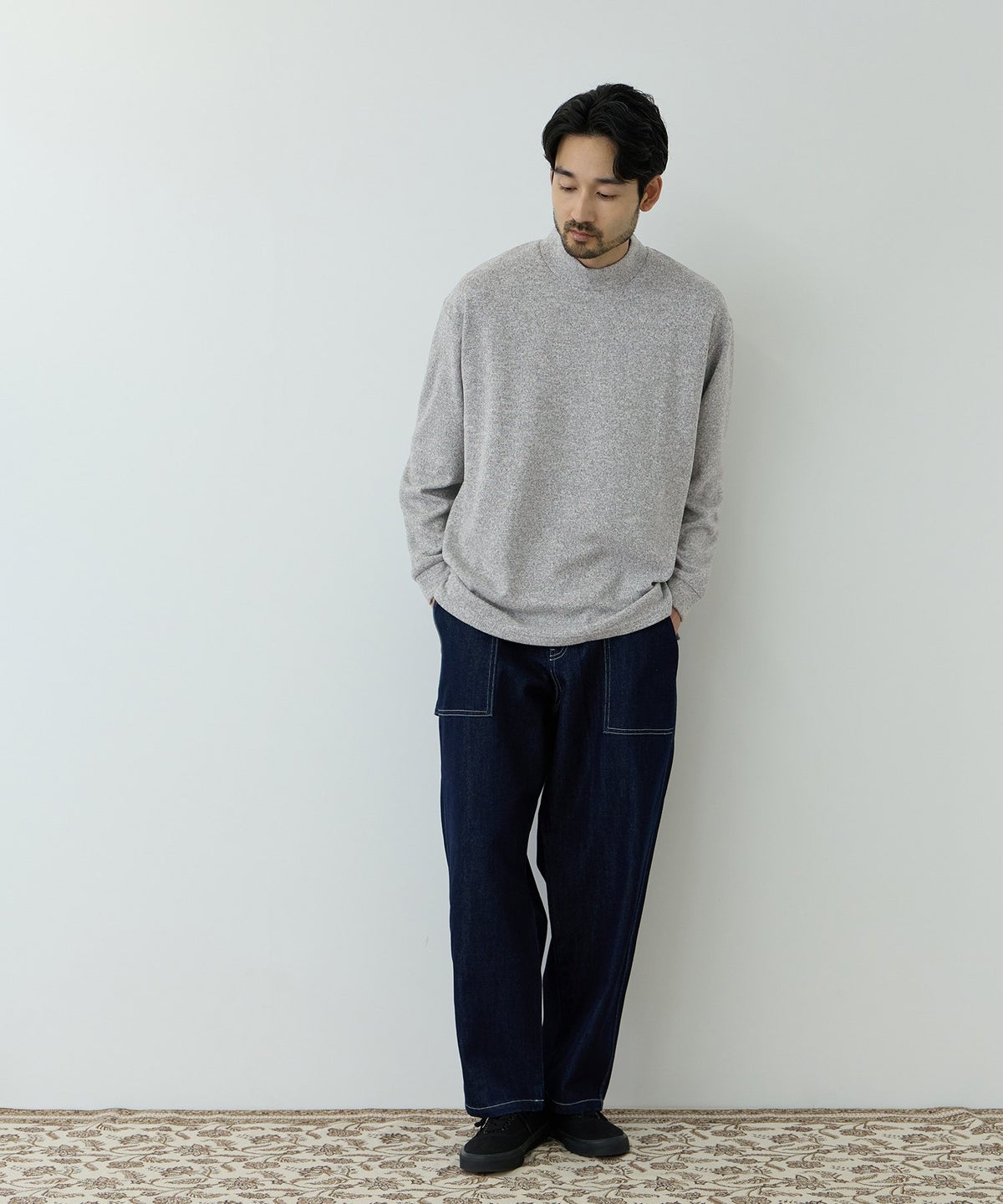 NAVY MAC HEAT あったか滑らかニットフリースTシャツ 長袖モックネック メンズ