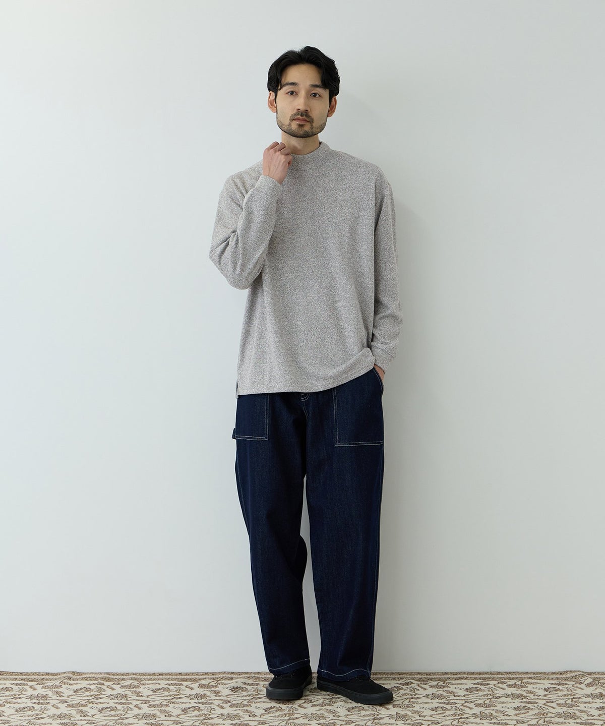 NAVY MAC HEAT あったか滑らかニットフリースTシャツ 長袖モックネック メンズ