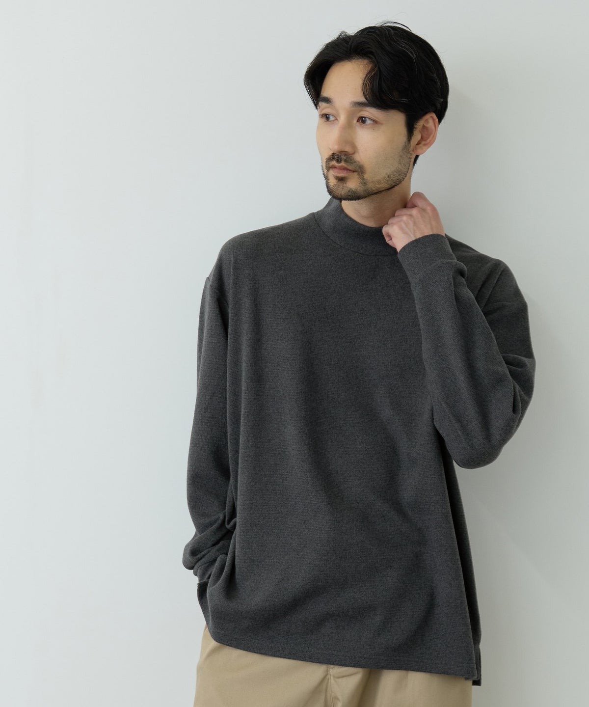 NAVY MAC HEAT あったか滑らかニットフリースTシャツ 長袖モックネック メンズ