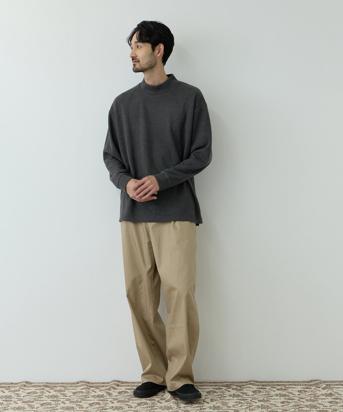NAVY MAC HEAT あったか滑らかニットフリースTシャツ 長袖モックネック メンズ