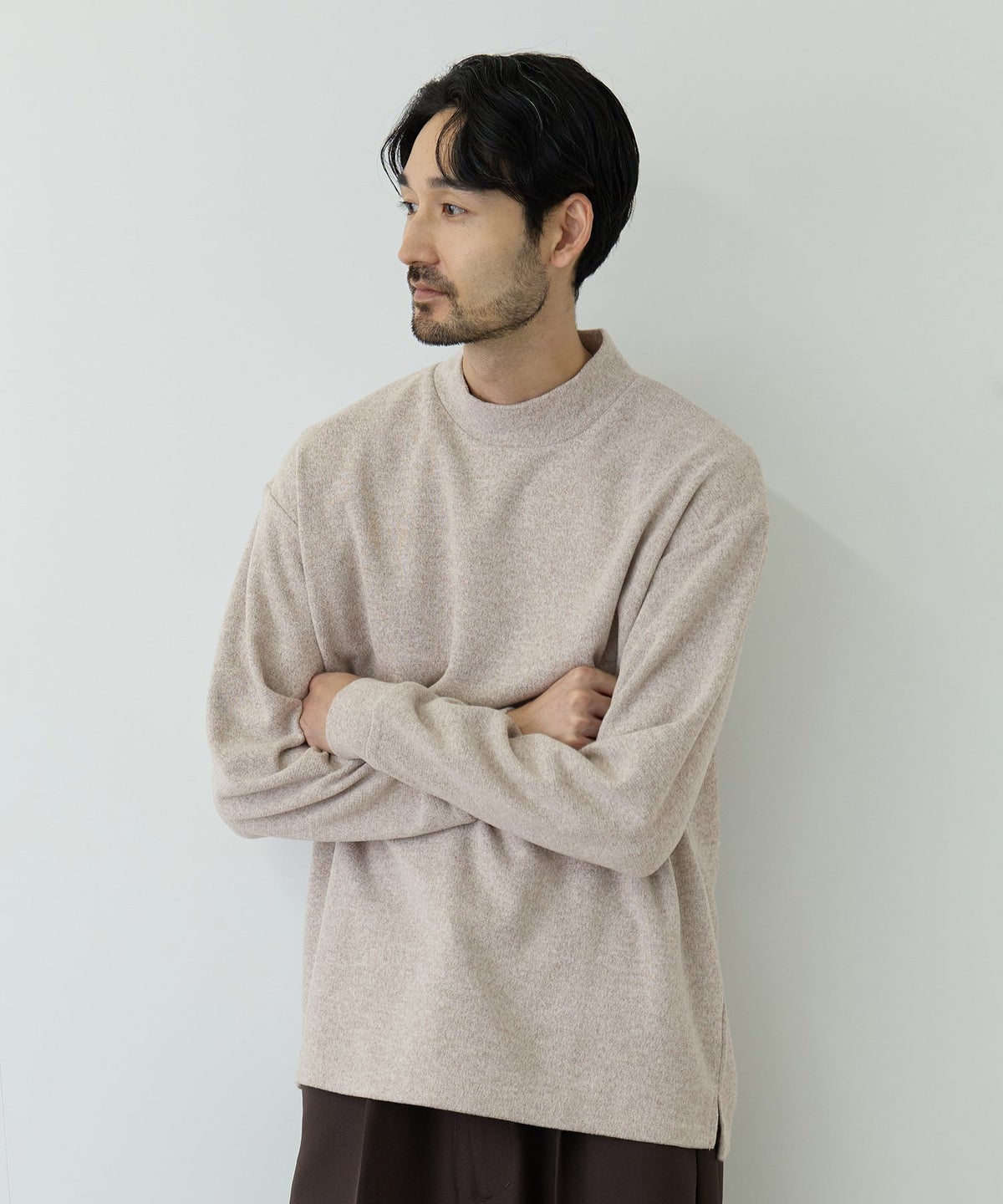 NAVY MAC HEAT あったか滑らかニットフリースTシャツ 長袖モックネック メンズ