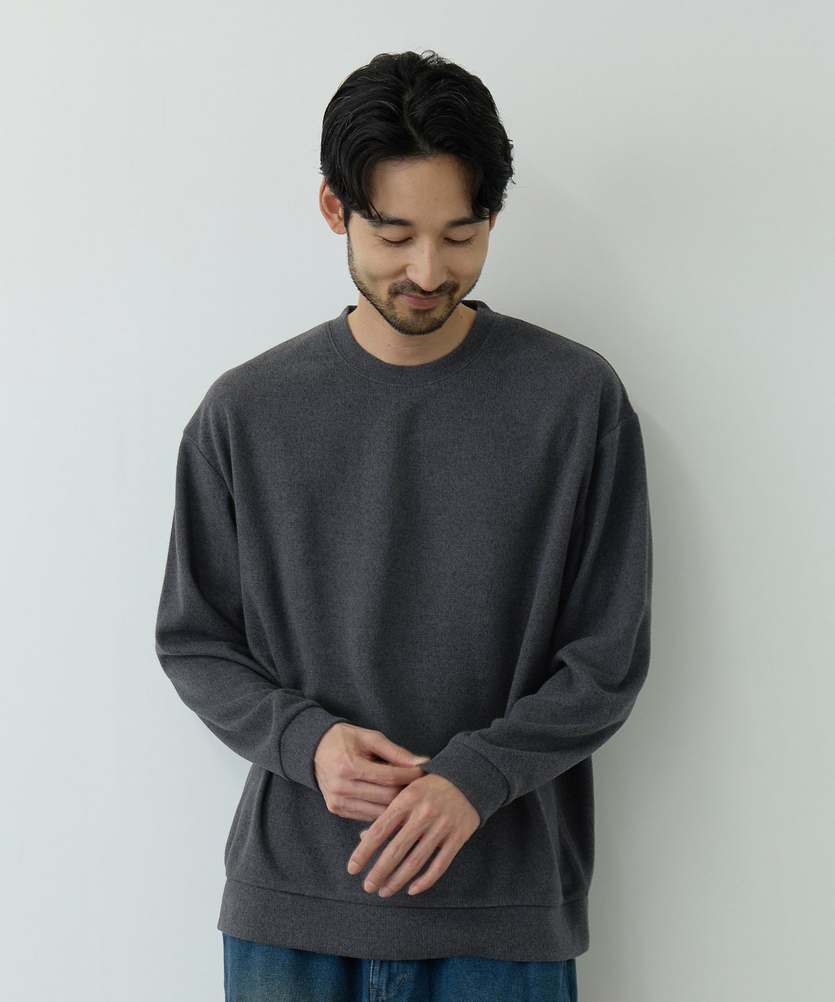 NAVY MAC HEAT あったか滑らかニットフリースTシャツ 長袖クルーネック メンズ