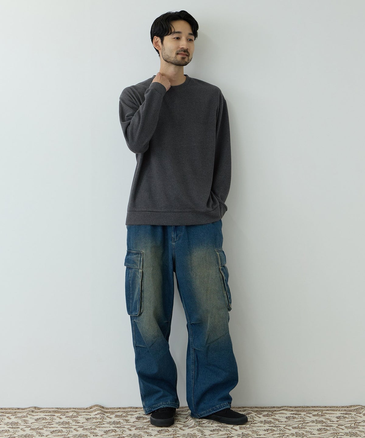 NAVY MAC HEAT あったか滑らかニットフリースTシャツ 長袖クルーネック メンズ