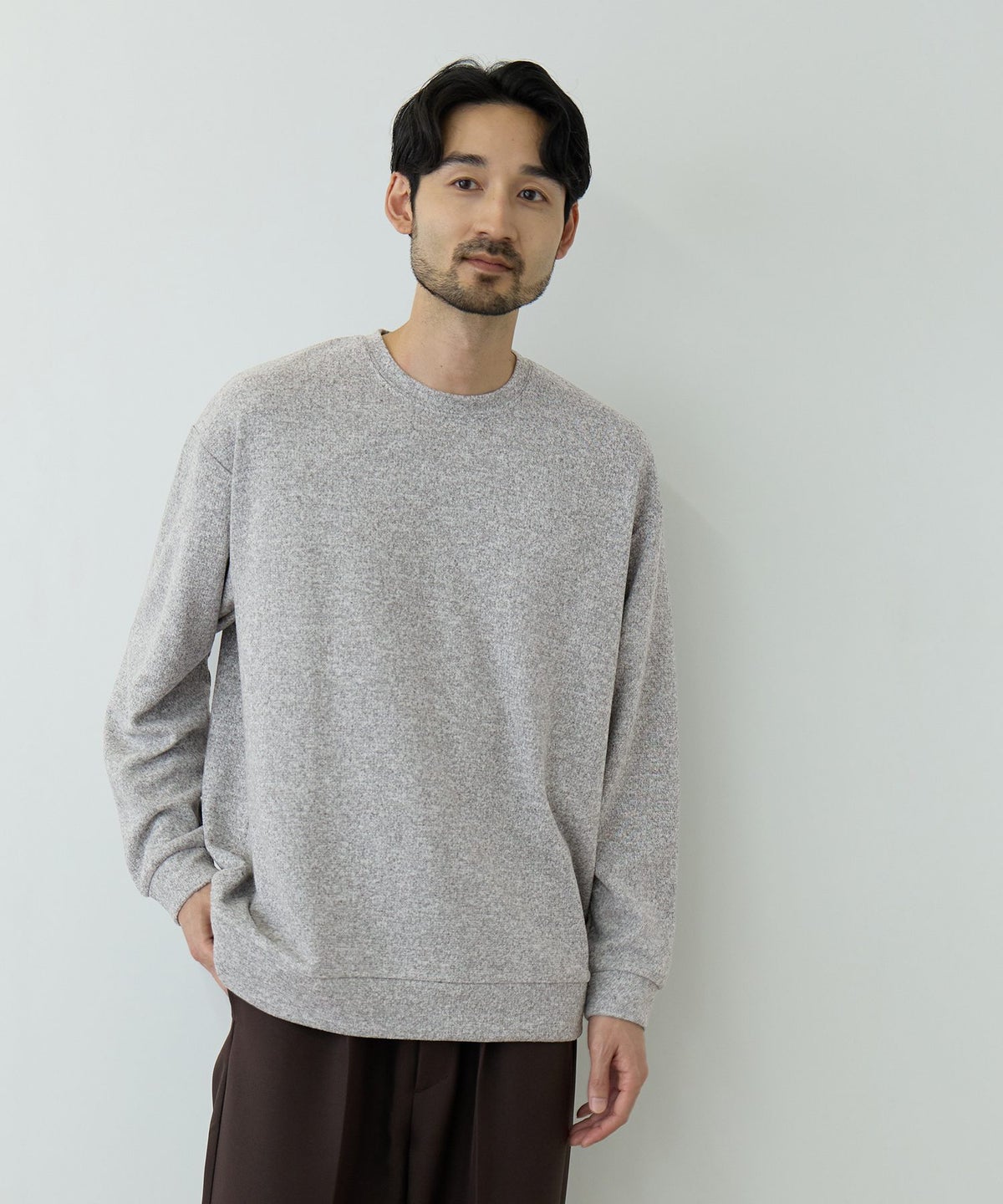 NAVY MAC HEAT あったか滑らかニットフリースTシャツ 長袖クルーネック メンズ