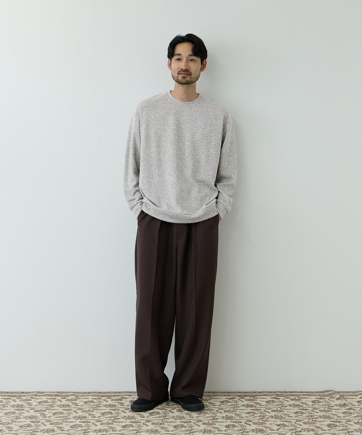 NAVY MAC HEAT あったか滑らかニットフリースTシャツ 長袖クルーネック メンズ