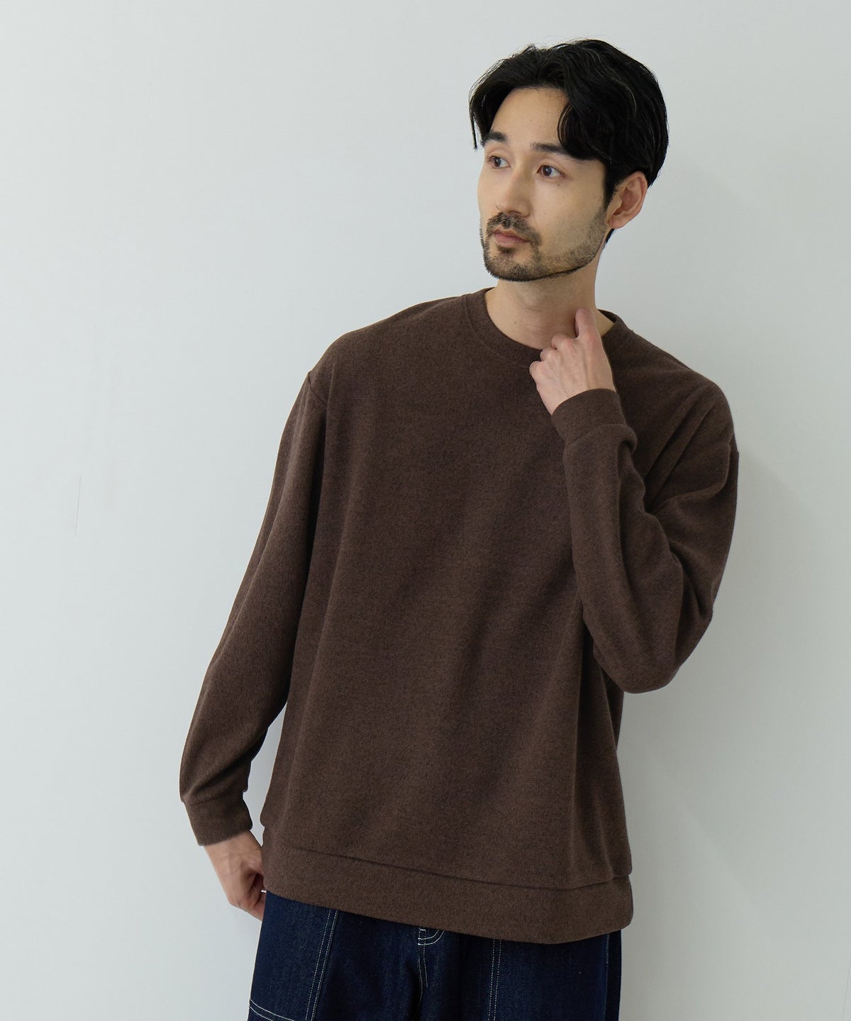 NAVY MAC HEAT あったか滑らかニットフリースTシャツ 長袖クルーネック メンズ