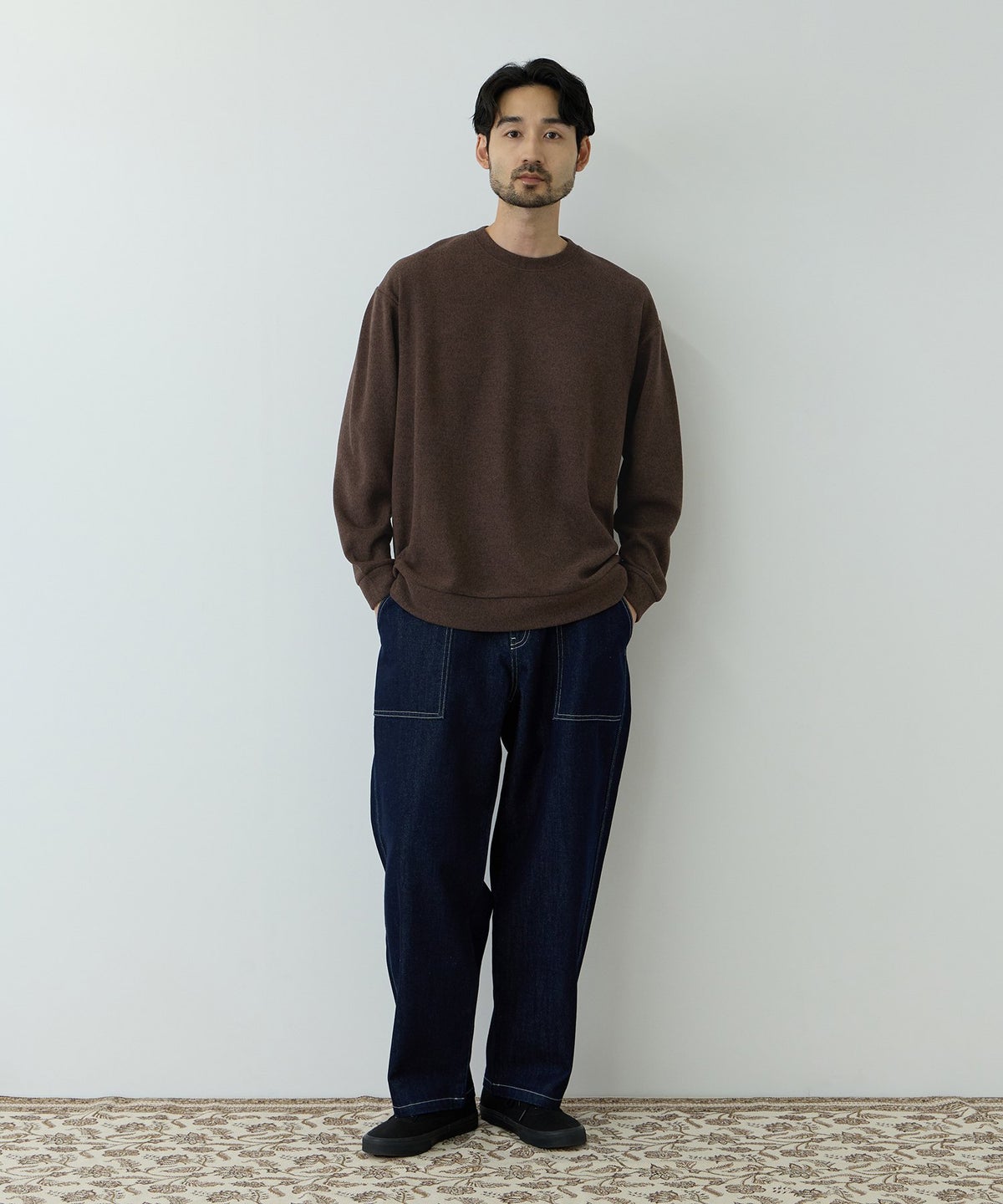 NAVY MAC HEAT あったか滑らかニットフリースTシャツ 長袖クルーネック メンズ