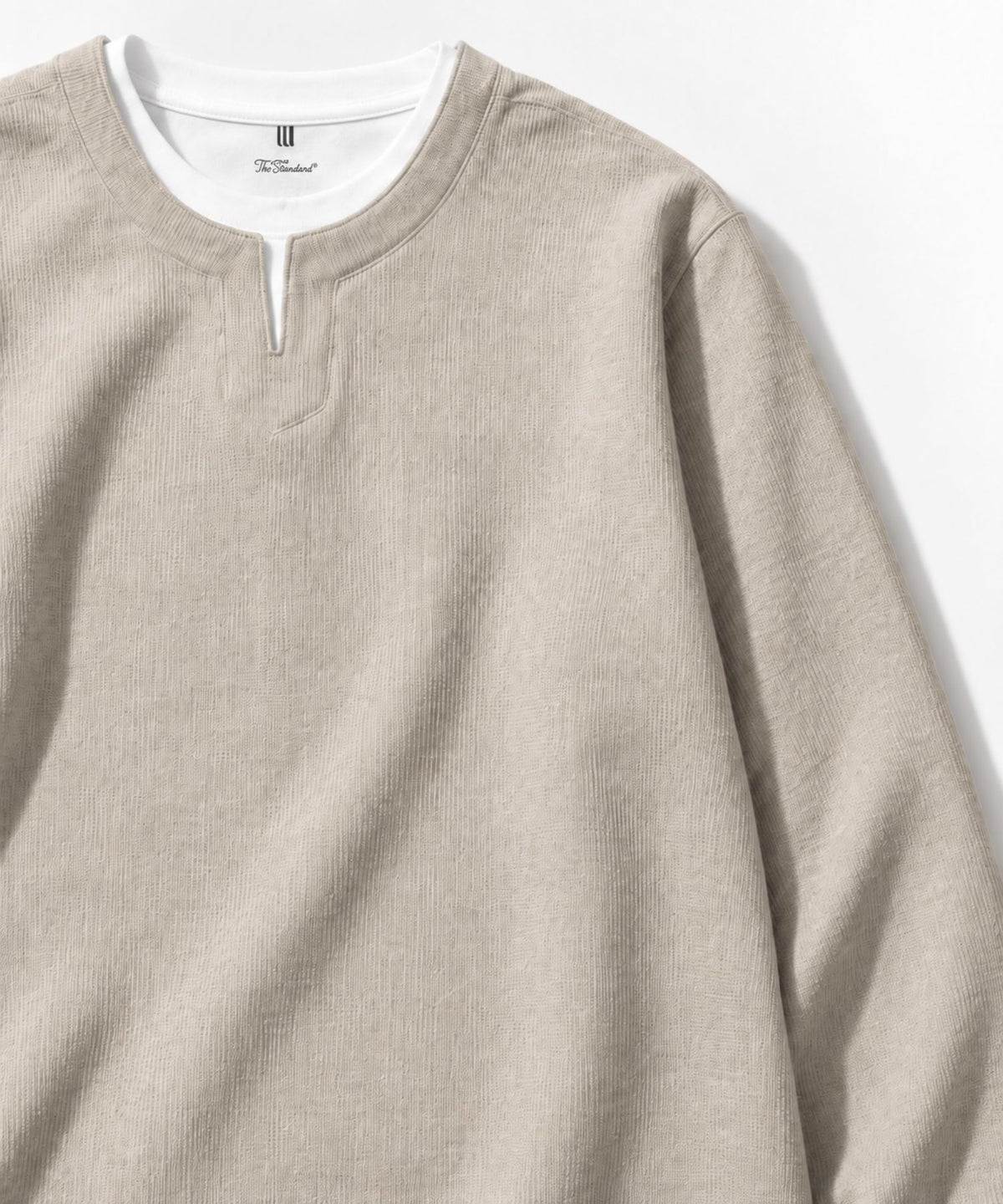 Real Standard メランジ変形ワッフルキーネック フェイクレイヤード長袖Tシャツ メンズ