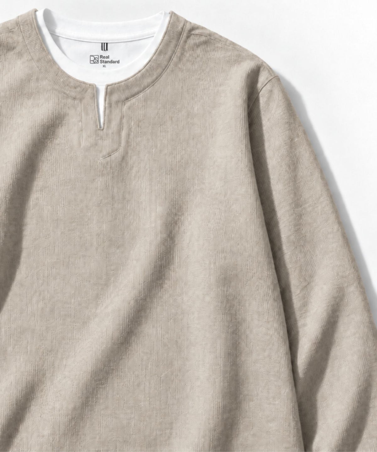 Real Standard メランジ変形ワッフルキーネック フェイクレイヤード長袖Tシャツ メンズ