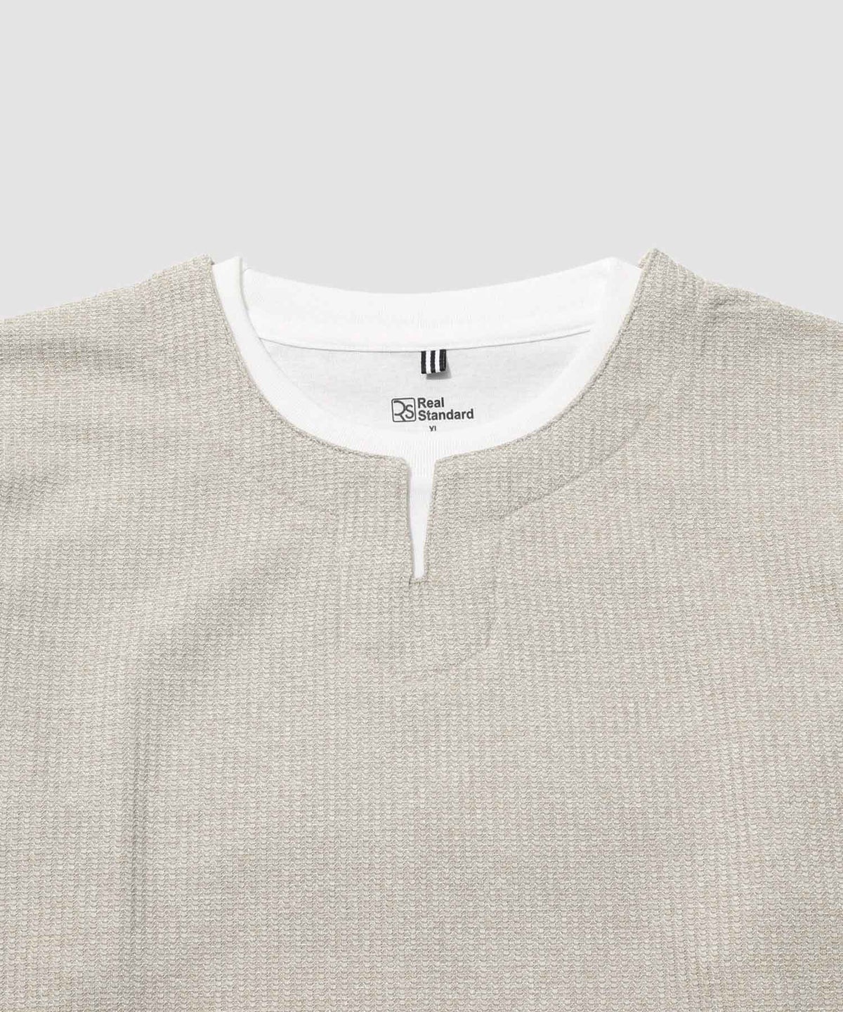 Real Standard メランジ変形ワッフルキーネック フェイクレイヤード長袖Tシャツ メンズ