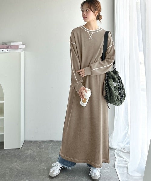 Classical Elf 《JaVaジャバコラボ》後姿が可愛い◎配色ステッチワッフルロングワンピース(長袖)商品画像-3