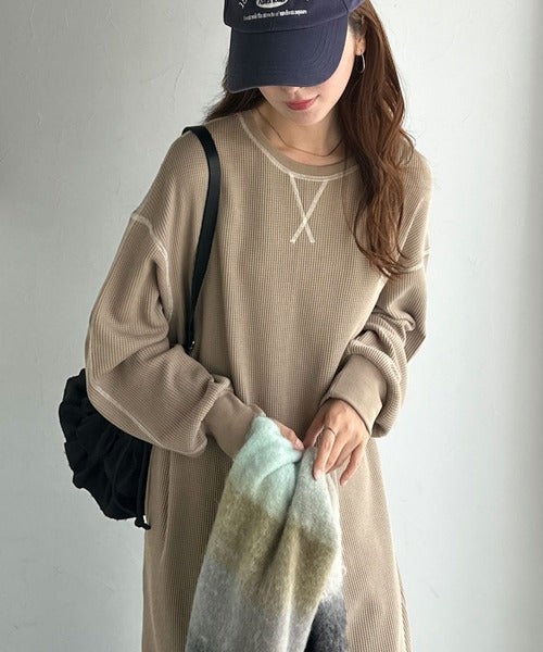 Classical Elf 《JaVaジャバコラボ》後姿が可愛い◎配色ステッチワッフルロングワンピース(長袖)商品画像-22