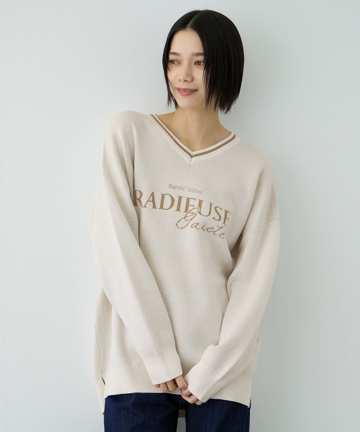 Free Nature ロゴジャガードVネックニットプルオーバー レディース