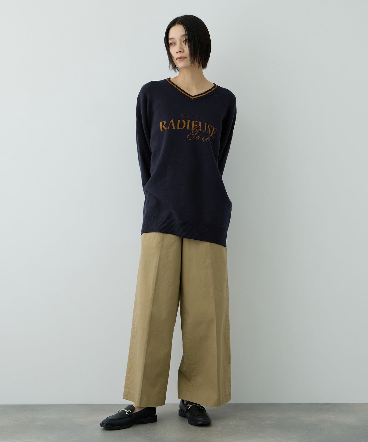 Free Nature ロゴジャガードVネックニットプルオーバー レディース