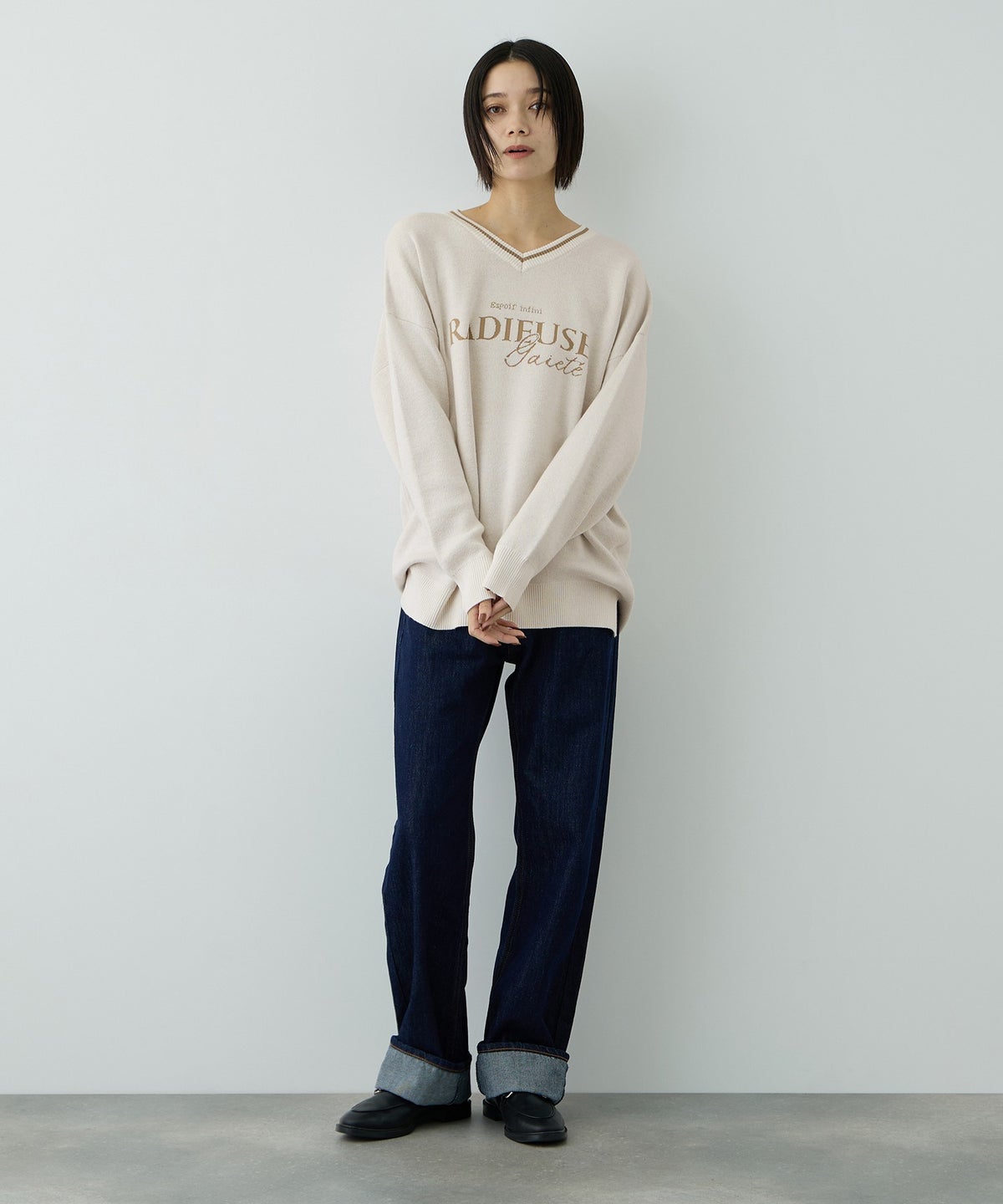 Free Nature ロゴジャガードVネックニットプルオーバー レディース