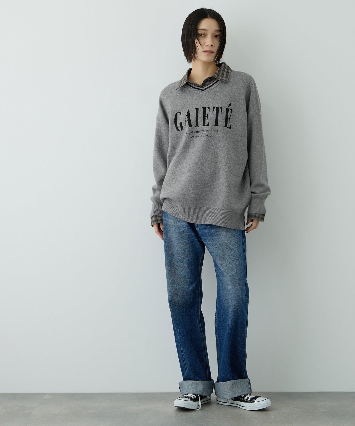 Free Nature ロゴジャガードVネックニットプルオーバー レディース