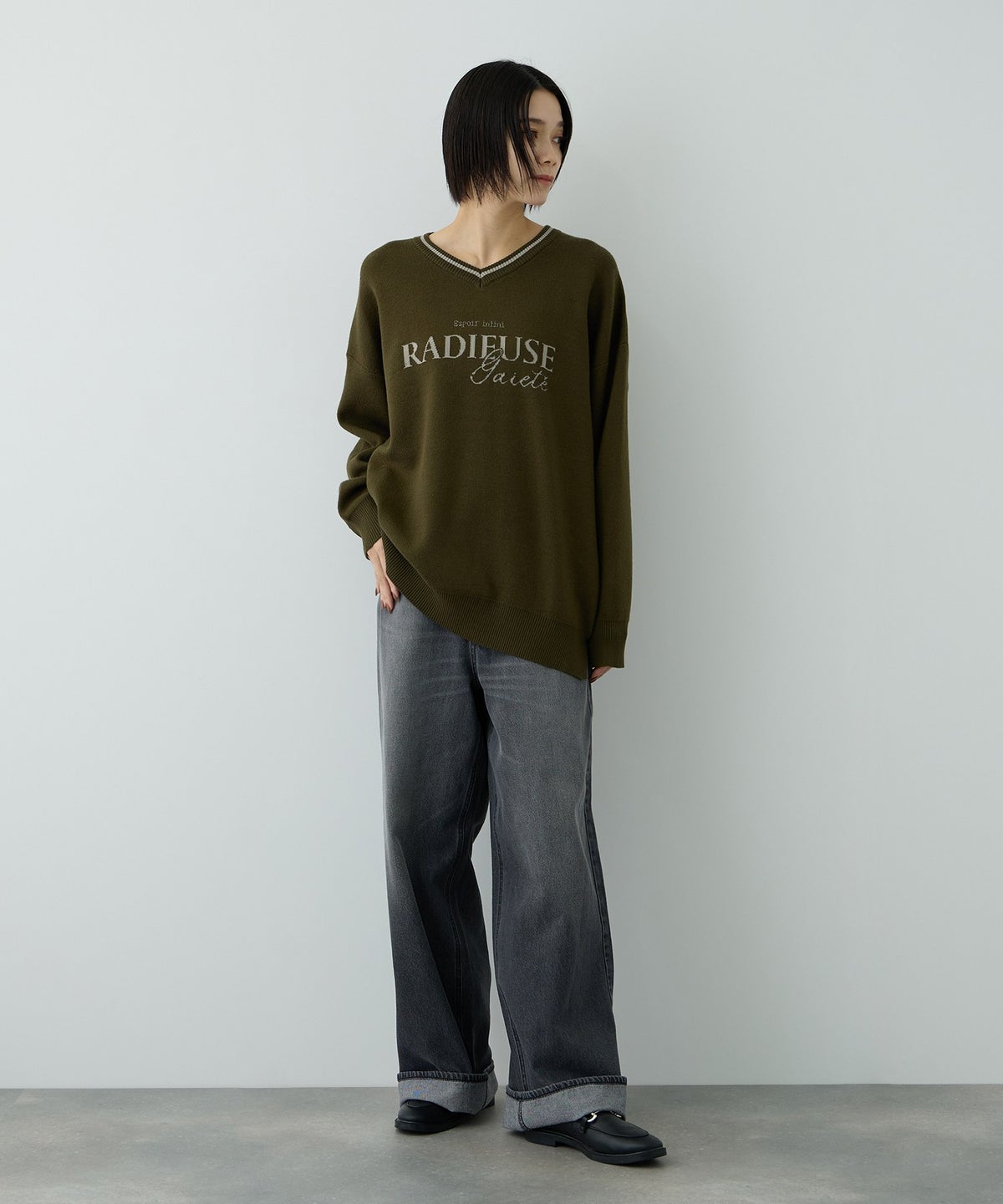 Free Nature ロゴジャガードVネックニットプルオーバー レディース